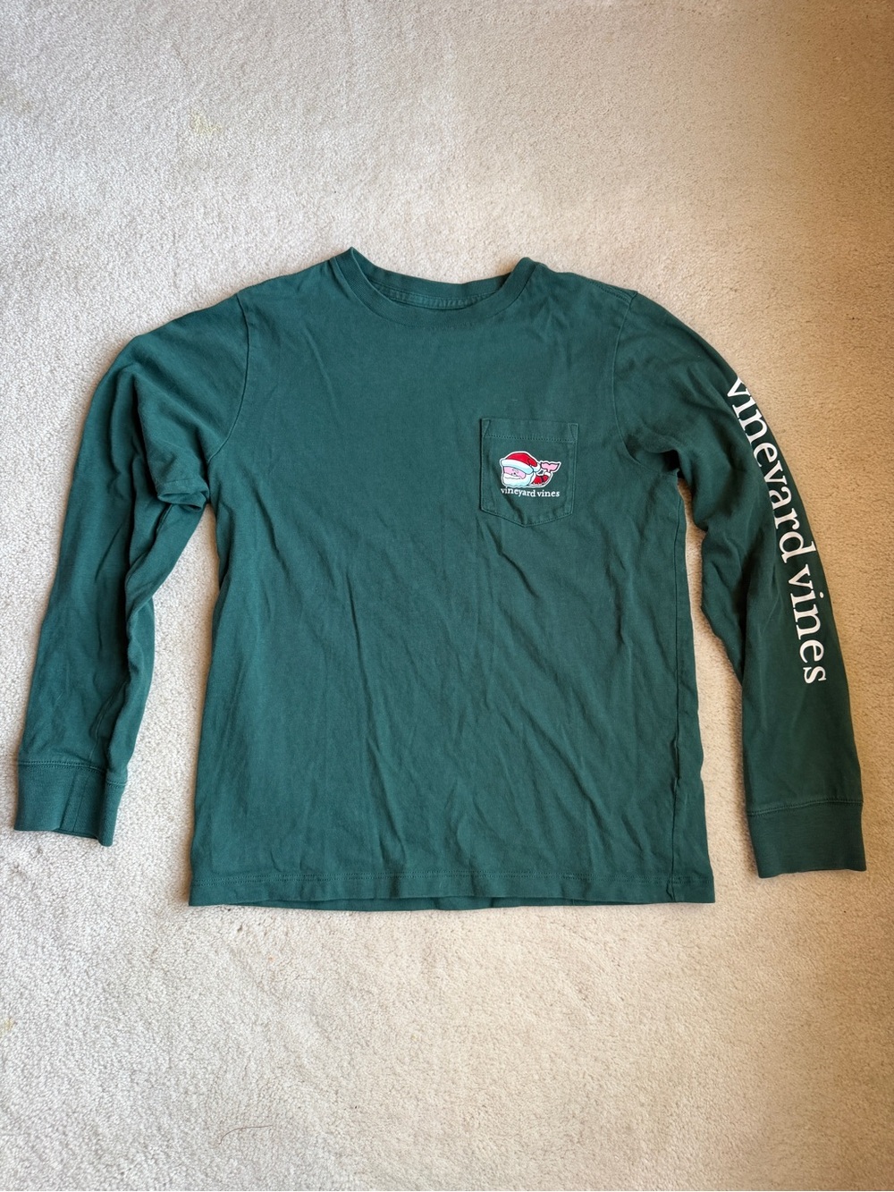 Vineyard Vines Merry Christmas Santa Whale Dark Green Long Sleeve Shirt Small